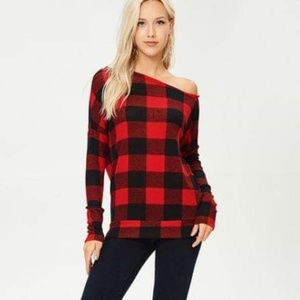 New Buffalo plaid, off the shoulder top.
